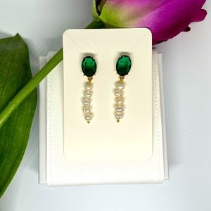 NATURAL PEARL & ZIRCON CRYSTAL EARRINGS WITH 18K GOLD PLATED DETAILS